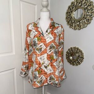 Vintage Selene Sport Button-Down Top Featuring A Postcard Print Size XL.